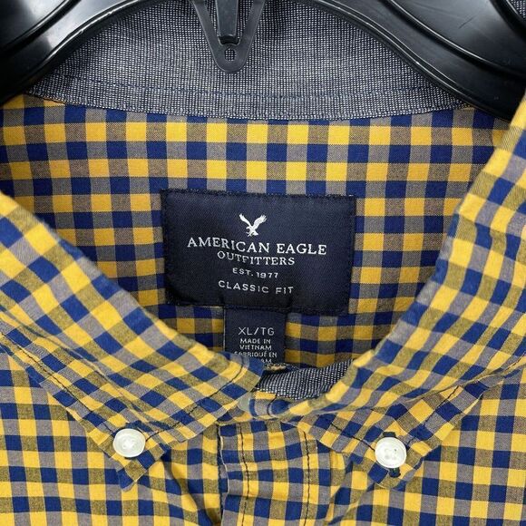 AMERICAN EAGLE AEO Mens Yellow Navy Check Button-Down Shirt Classic-Fit Sz XL - Picture 5 of 7